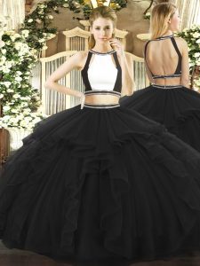 Suitable Halter Top Sleeveless Backless 15 Quinceanera Dress Black Tulle