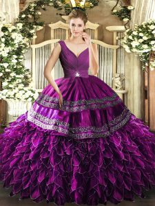 Purple Backless Sweet 16 Dress Beading and Ruffles and Ruching Sleeveless Floor Length