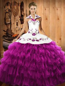 Deluxe Halter Top Sleeveless Satin and Organza Sweet 16 Dress Embroidery and Ruffled Layers Lace Up