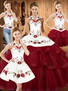 Custom Design Wine Red Ball Gowns Embroidery and Ruffled Layers 15 Quinceanera Dress Lace Up Satin and Organza Sleeveless With Train