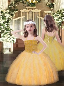 Luxurious Ball Gowns Child Pageant Dress Orange Spaghetti Straps Organza Sleeveless Floor Length Lace Up