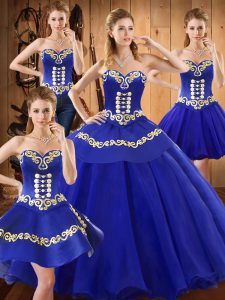 Embroidery 15 Quinceanera Dress Blue Lace Up Sleeveless Floor Length