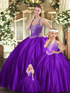 Classical Purple Sleeveless Organza Lace Up Quinceanera Dress for Military Ball and Sweet 16 and Quinceanera