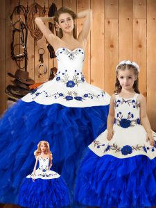 Blue And White Lace Up 15th Birthday Dress Embroidery and Ruffles Sleeveless Floor Length