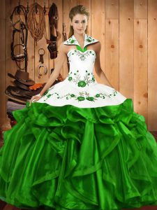 Dramatic Sleeveless Floor Length Embroidery and Ruffles Lace Up Vestidos de Quinceanera with Green