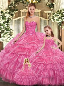 Nice Rose Pink Sleeveless Floor Length Beading and Ruffled Layers Lace Up Quinceanera Gown