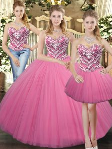 Nice Floor Length Lace Up Ball Gown Prom Dress Rose Pink for Military Ball and Sweet 16 and Quinceanera with Beading