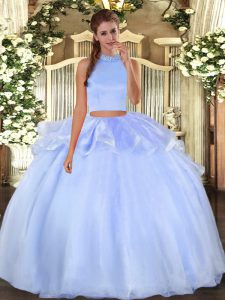 High Class Light Blue Halter Top Neckline Beading Ball Gown Prom Dress Sleeveless Backless