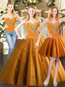 Custom Made Orange Red Sleeveless Floor Length Beading Lace Up Sweet 16 Dresses