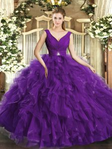 Suitable V-neck Sleeveless Tulle 15th Birthday Dress Beading and Ruffles Backless