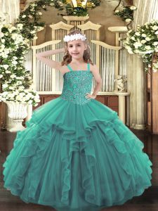 Simple Straps Sleeveless Lace Up Little Girls Pageant Dress Wholesale Turquoise Tulle