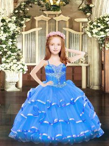Blue Lace Up Kids Formal Wear Beading and Ruffled Layers Sleeveless Floor Length