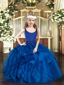 Floor Length Blue Pageant Gowns For Girls Organza Sleeveless Beading and Ruffles