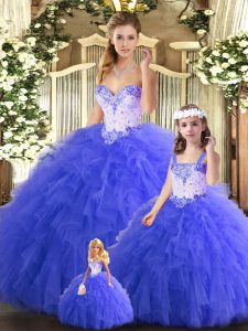 Delicate Blue Tulle Lace Up 15 Quinceanera Dress Sleeveless Floor Length Beading and Ruffles