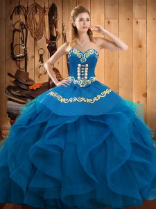 Customized Sleeveless Organza Floor Length Lace Up Quinceanera Gown in Blue with Embroidery and Ruffles