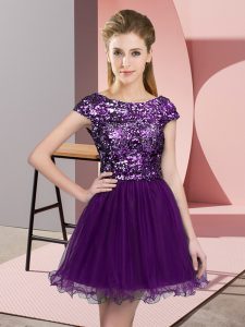 Mini Length Dark Purple Court Dresses for Sweet 16 Tulle Cap Sleeves Sequins