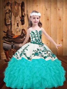 Straps Sleeveless Organza Pageant Dress Embroidery and Ruffles Zipper