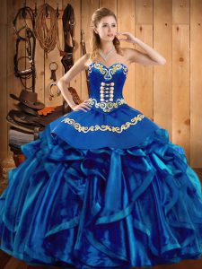 Comfortable Blue Lace Up Sweetheart Embroidery and Ruffles Quinceanera Dresses Organza Sleeveless