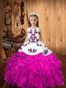 Sleeveless Floor Length Embroidery and Ruffles Lace Up Kids Pageant Dress with Fuchsia