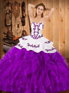Eggplant Purple Sleeveless Floor Length Embroidery and Ruffles Lace Up Quinceanera Dresses