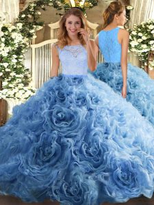 Luxurious Baby Blue Fabric With Rolling Flowers Zipper Scoop Sleeveless Floor Length Vestidos de Quinceanera Beading and Ruffles
