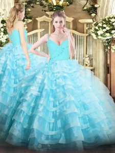 Aqua Blue Ball Gowns Organza Spaghetti Straps Sleeveless Ruffled Layers Floor Length Zipper 15th Birthday Dress