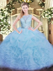 Aqua Blue Backless Scoop Lace and Ruffles Quinceanera Gowns Organza Sleeveless