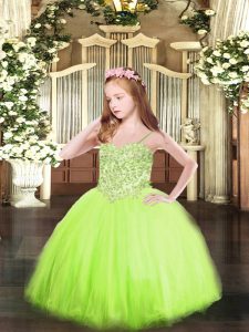 Elegant Yellow Green Lace Up Child Pageant Dress Appliques Sleeveless Floor Length