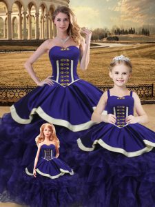 Amazing Purple Ball Gowns Satin and Organza Sweetheart Sleeveless Beading and Ruffles Floor Length Lace Up Quinceanera Dresses