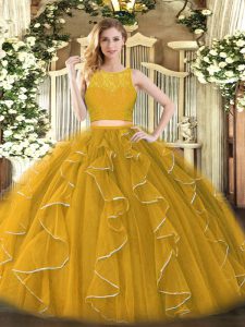 Attractive Floor Length Zipper Sweet 16 Quinceanera Dress Gold for Military Ball and Sweet 16 and Quinceanera with Lace and Ruffles