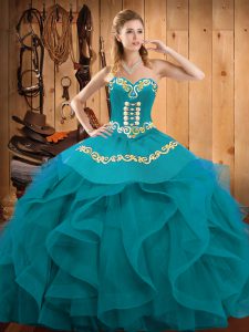 Spectacular Teal and Turquoise Organza Lace Up Sweetheart Sleeveless Floor Length Sweet 16 Dress Embroidery and Ruffles