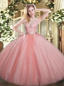 Fantastic Ball Gowns Sweet 16 Quinceanera Dress Baby Pink Scoop Tulle Sleeveless Floor Length Backless
