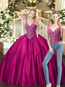 Simple Tulle V-neck Sleeveless Lace Up Beading 15 Quinceanera Dress in Fuchsia
