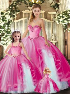 Fuchsia Organza Lace Up Quince Ball Gowns Sleeveless Floor Length Beading and Ruffles