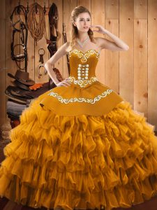 Customized Satin and Organza Sleeveless Floor Length 15 Quinceanera Dress and Embroidery and Ruffled Layers