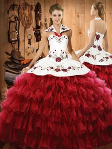 Custom Made Halter Top Sleeveless Lace Up Quinceanera Gowns Wine Red Satin and Organza