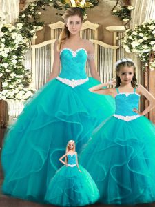 Colorful Aqua Blue Ball Gowns Tulle Sweetheart Sleeveless Ruffles Floor Length Lace Up Sweet 16 Quinceanera Dress
