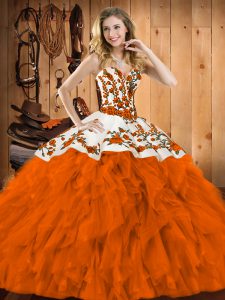 Custom Design Floor Length Rust Red Sweet 16 Dresses Satin and Organza Sleeveless Embroidery and Ruffles