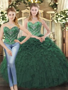 Dark Green Tulle Lace Up Sweetheart Sleeveless Floor Length Ball Gown Prom Dress Beading and Ruffles