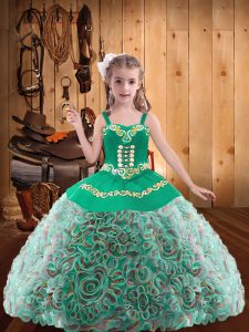 Fashion Sleeveless Floor Length Embroidery and Ruffles Lace Up Little Girls Pageant Gowns with Multi-color