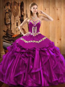 Fitting Fuchsia Sleeveless Embroidery and Ruffles Floor Length Ball Gown Prom Dress