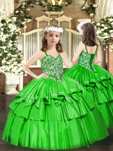 Custom Design Green Sleeveless Floor Length Beading and Ruffled Layers Lace Up Kids Formal Wear