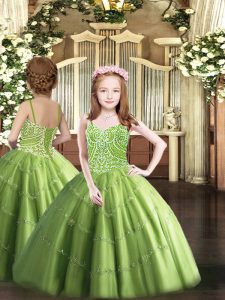 Olive Green Tulle Lace Up Straps Sleeveless Floor Length Little Girls Pageant Gowns Beading