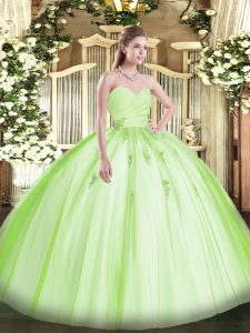Extravagant Floor Length Lace Up Quinceanera Gown Yellow Green for Military Ball and Sweet 16 and Quinceanera with Beading and Appliques