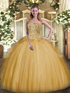 Exceptional Gold Ball Gown Prom Dress Military Ball and Sweet 16 and Quinceanera with Beading and Ruffles Sweetheart Sleeveless Lace Up