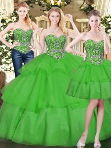 Sleeveless Floor Length Beading and Ruffled Layers Lace Up Quinceanera Gown with Green