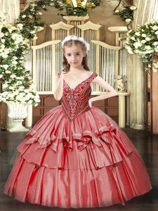 Coral Red Lace Up V-neck Beading and Ruffled Layers Winning Pageant Gowns Organza Sleeveless