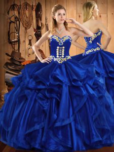 Royal Blue Ball Gowns Sweetheart Sleeveless Organza Floor Length Lace Up Embroidery and Ruffles Sweet 16 Quinceanera Dress