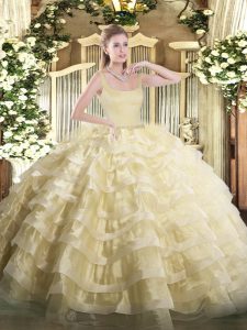Fabulous Gold Zipper Straps Beading and Ruffled Layers Quinceanera Gown Organza Sleeveless