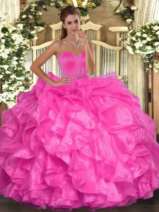 Hot Pink Ball Gowns Organza Sweetheart Sleeveless Beading and Ruffles Floor Length Lace Up Quinceanera Dress